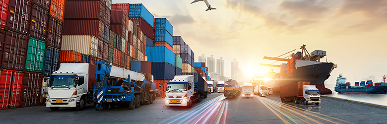 Global networking in the construction industry Plane flies over container port with ships and trucks