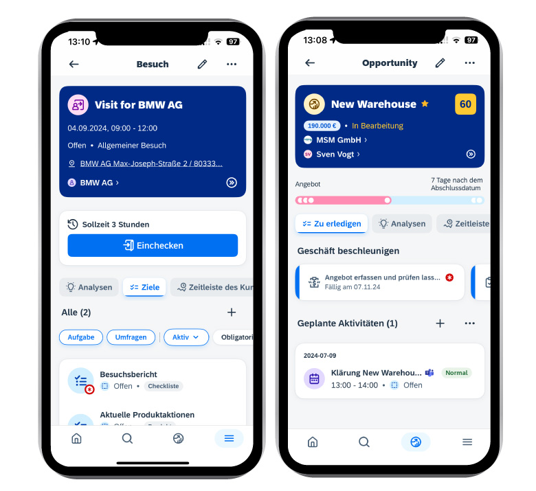 SAP Sales Cloud V2 dashboard in mobile app