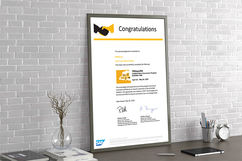 SAP S/4HANA Transition "10Steps2S4" Certificate ORBIS successfully participated in the SAP program "10Steps2S4".